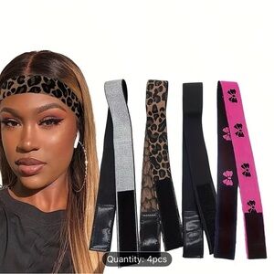 4 Stretch Velvet and Elastic Headband Set - Pink, Leopard, Black, Silver